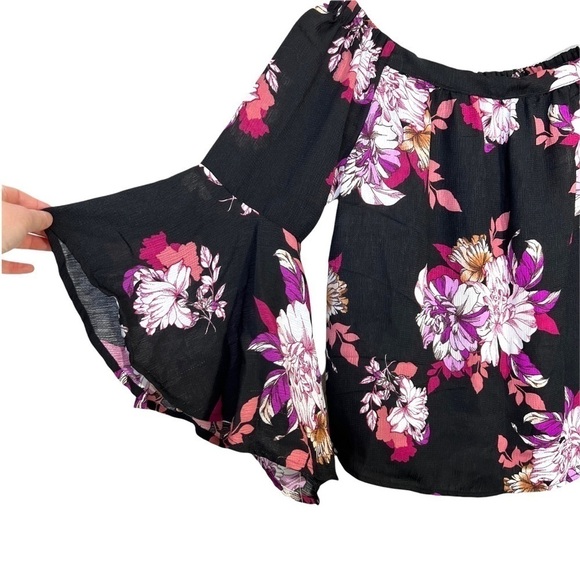 Haute Monde Black Floral Off the Shoulder Bell Sleeve Blouse Size Small - Picture 1 of 17